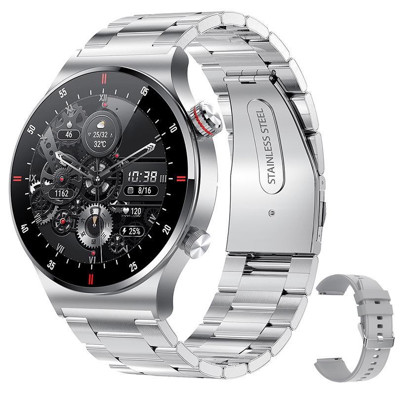 Silver-color QW33 smartwatch with link bracelet and skeleton-style digital watch face