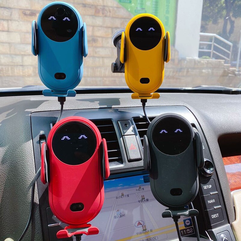Car wireless phone holders in blue, yellow, red, and black mounted on dashboard