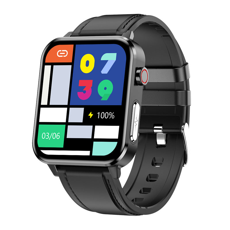 Black sports smartwatch with color grid display and black strap, metal watch case.