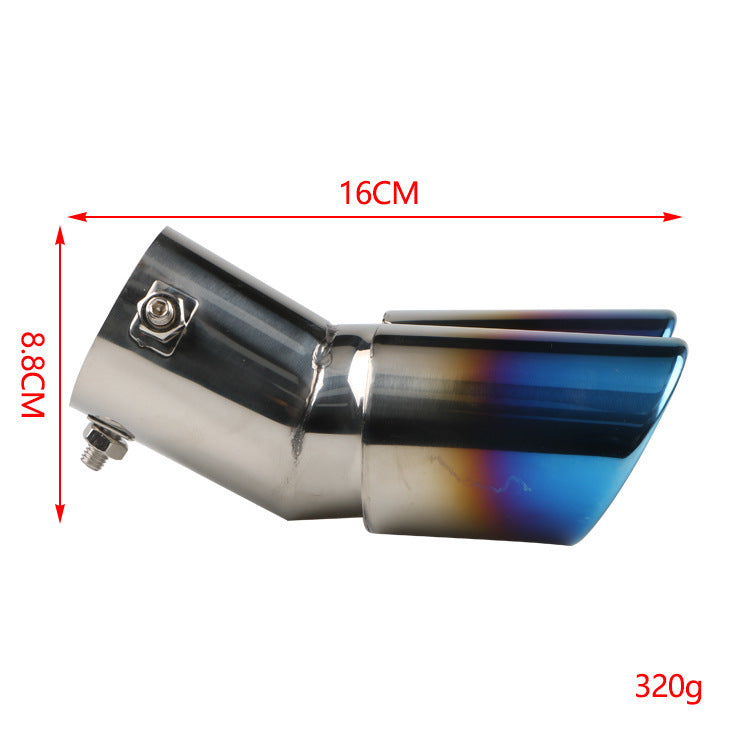 Double exhaust muffler tip, blue-tinted mouth with stainless body; includes size view