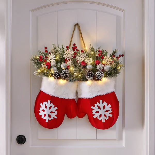 Hanging Christmas glove ornament set with red snowflake gloves, white trim, lit evergreen wreath