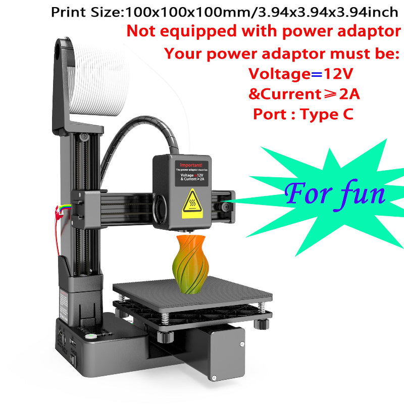 3D printer with a printed object, power adapter requirements text, and 'For fun' label.