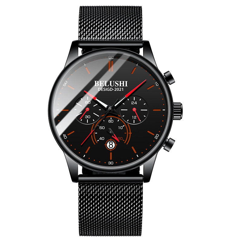 Men's black quartz watch with red accent dial and black mesh strap.