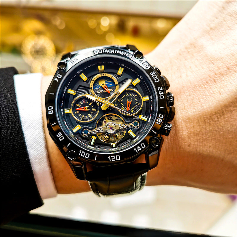 Men's automatic mechanical watch with black dial, yellow markers, and black leather strap