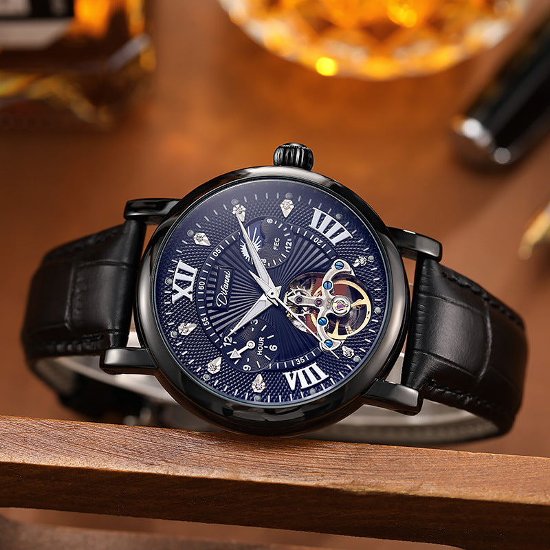 Mechanical watch with dark blue dial, black case, black leather strap; skeleton dial window