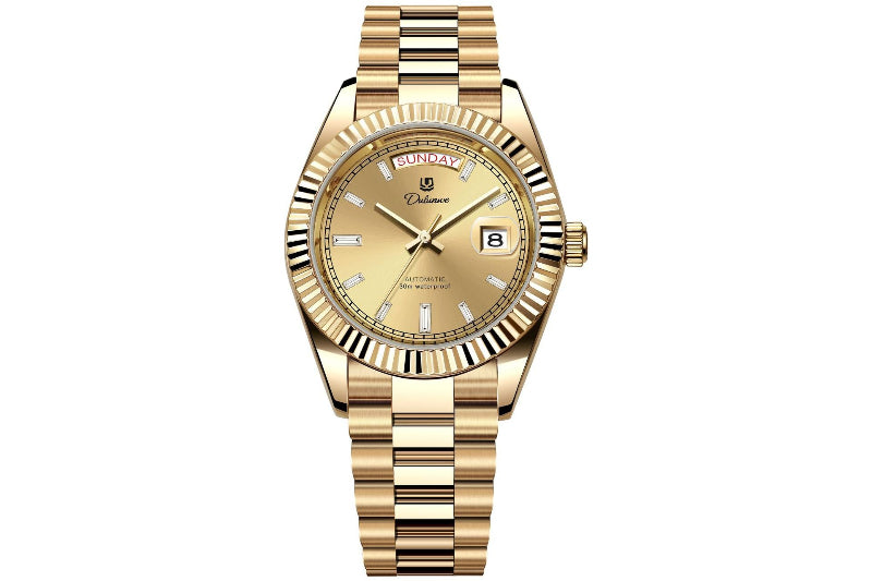 Gold-tone men’s automatic mechanical watch with beige dial and date window on bracelet