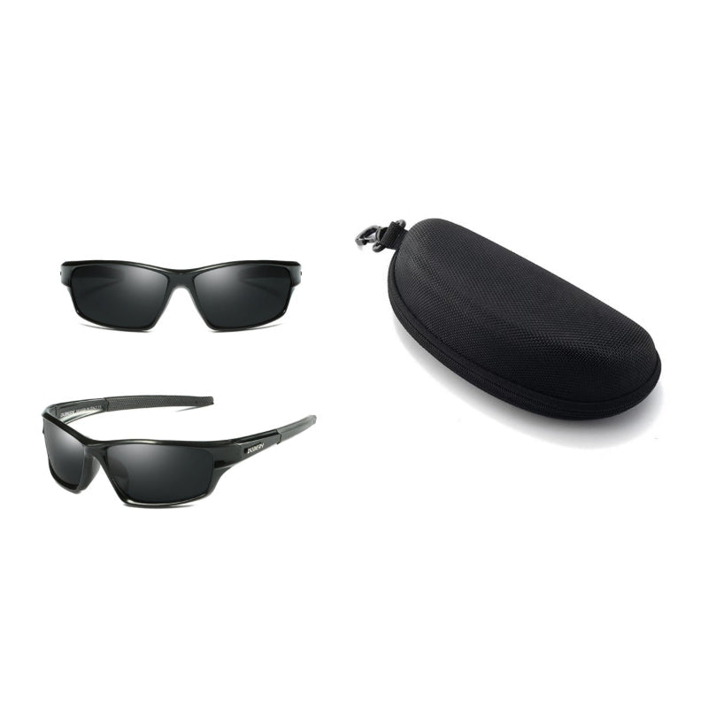 Polarized sports sunglasses with dark lenses, black frame, with protective case