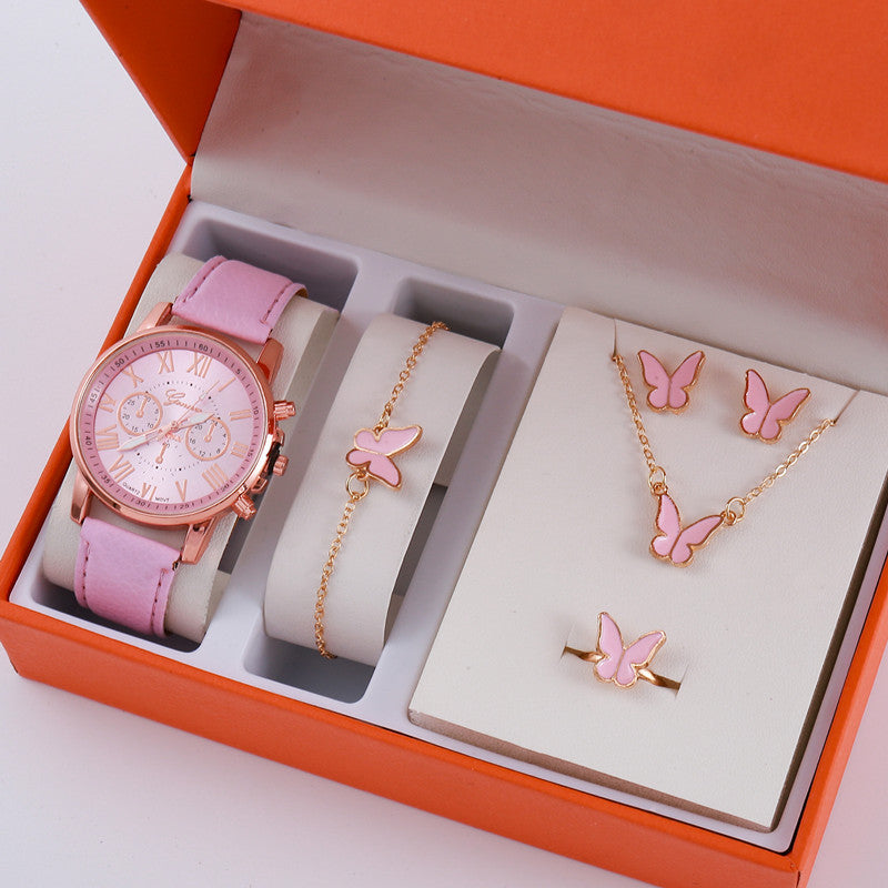 Ladies quartz watch set in box: pink strap watch, butterfly necklace, butterfly earrings and ring