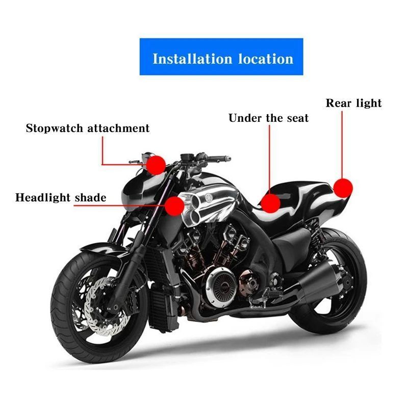 Motorcycle with labeled installation points for a stopwatch attachment, headlight shade, and rear light.