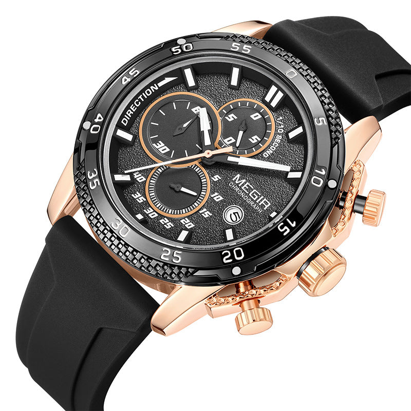 Men's sport quartz watch with black silicone strap and black dial, rose-gold bezel accents