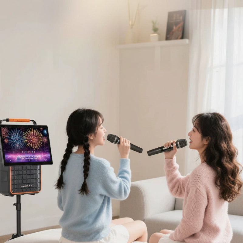 Portable karaoke speaker with screen and orange handle on a stand