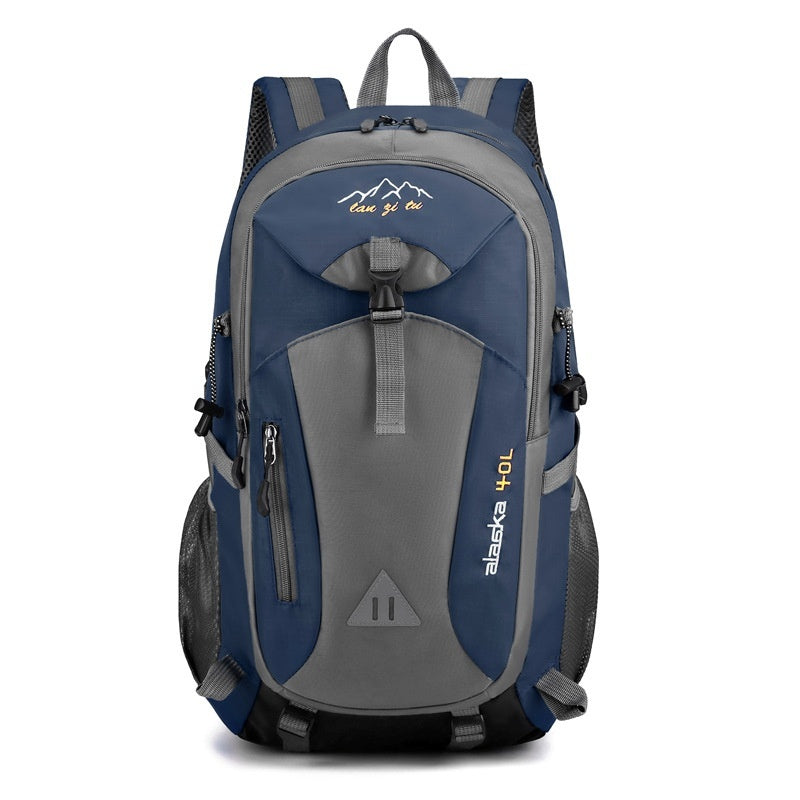 Outdoor polyester backpack in blue and gray with front zip pocket and adjustable straps.