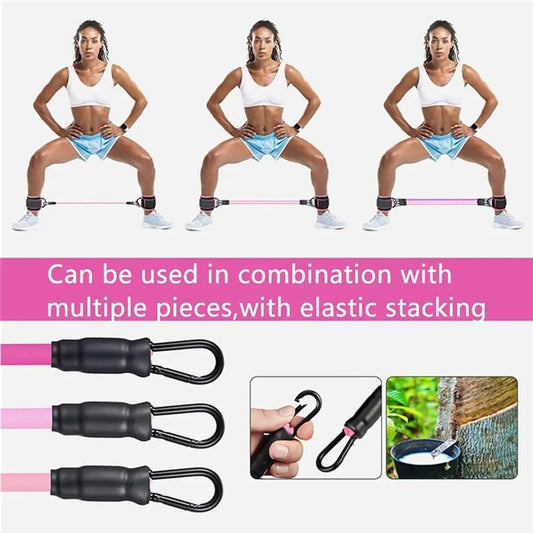 Ankle resistance bands kit with pink elastic bands and black snap connectors