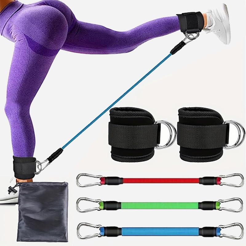Ankle resistance bands kit with purple, green, and blue bars plus black cuffs and hooks