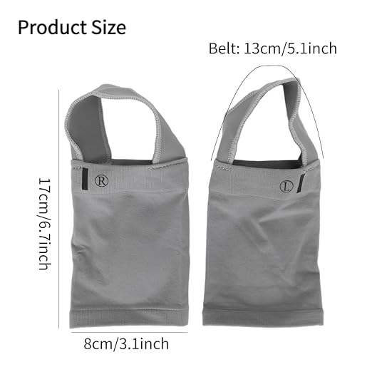 Grey arch support sleeves pair with loop opening, shown with size measurements