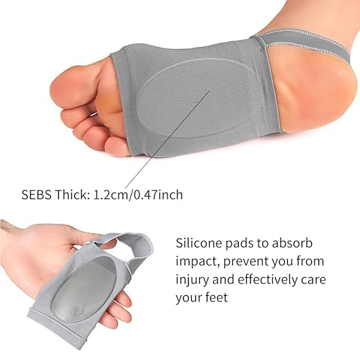 Grey arch support sleeve with padded cushioning and protective forefoot strap