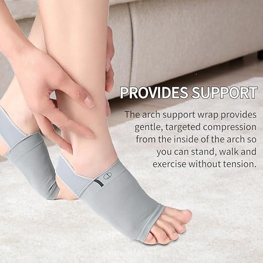 Gray arch support sleeve for feet, snug wrap with small logo patch