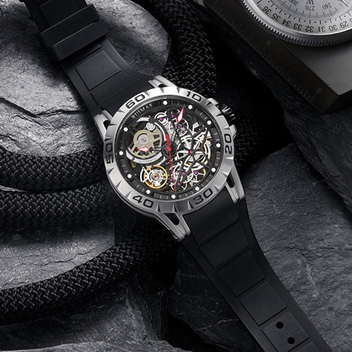 Men’s automatic skeleton watch with black case and red second hand
