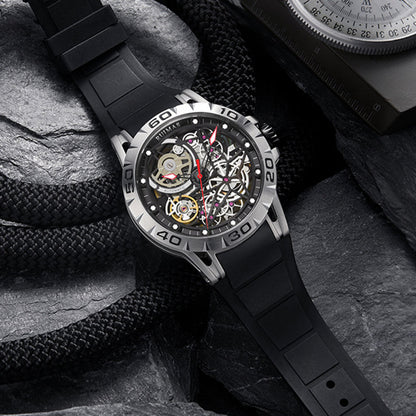 Men’s automatic skeleton watch with black case and red second hand