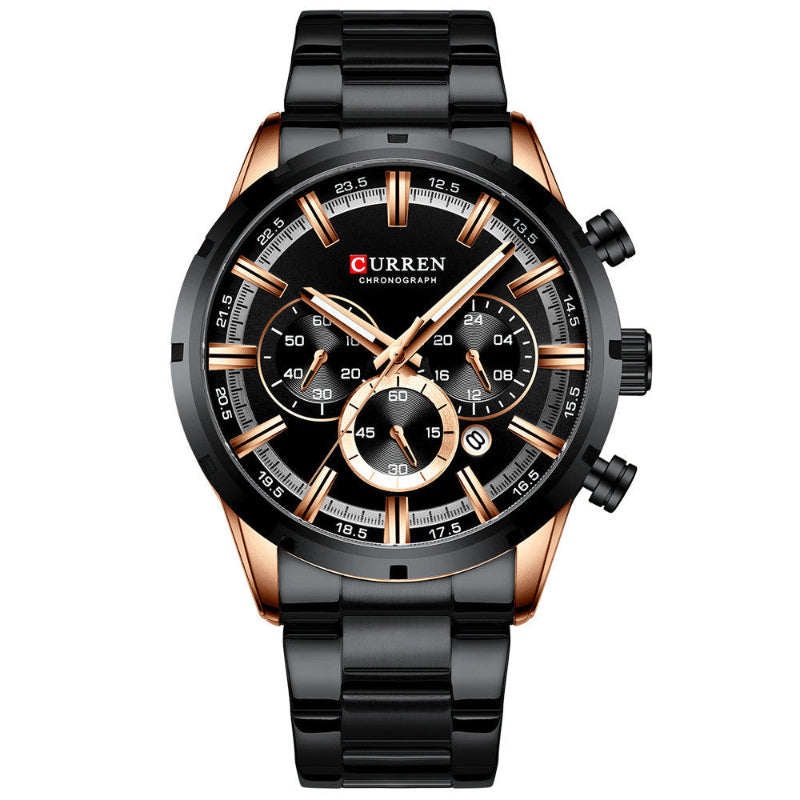 Men's business quartz watch with black dial, black bracelet, and rose-gold bezel