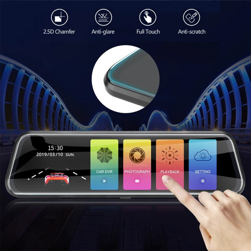 Car rearview mirror recorder with full-touch screen and menu icons