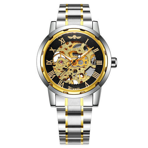 Mechanical watch with gold-and-silver stainless steel bracelet and black openwork dial