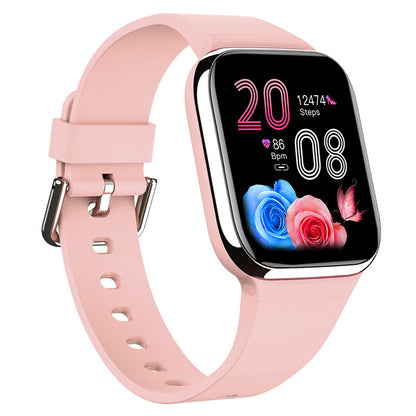 Pink smartwatch with a colorful display on a white background