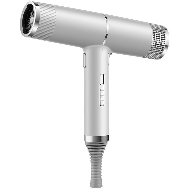 White hair dryer with concentrator nozzle and ridged handle, corded for home use