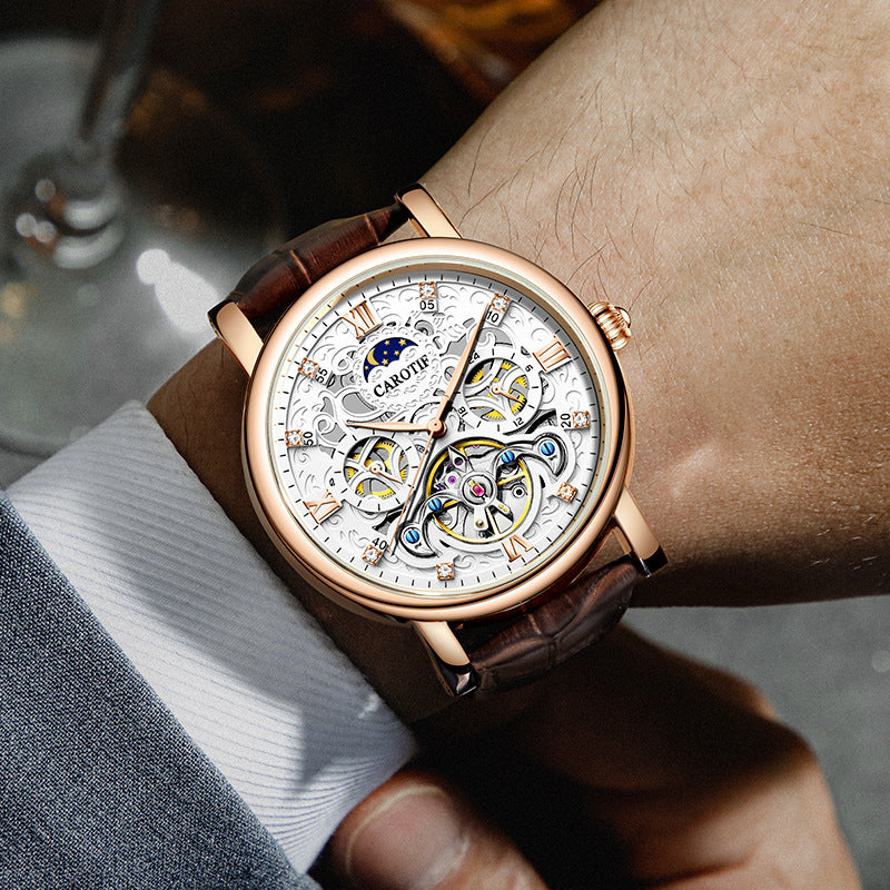 Luxury watch with brown leather strap on a wrist, blurred background