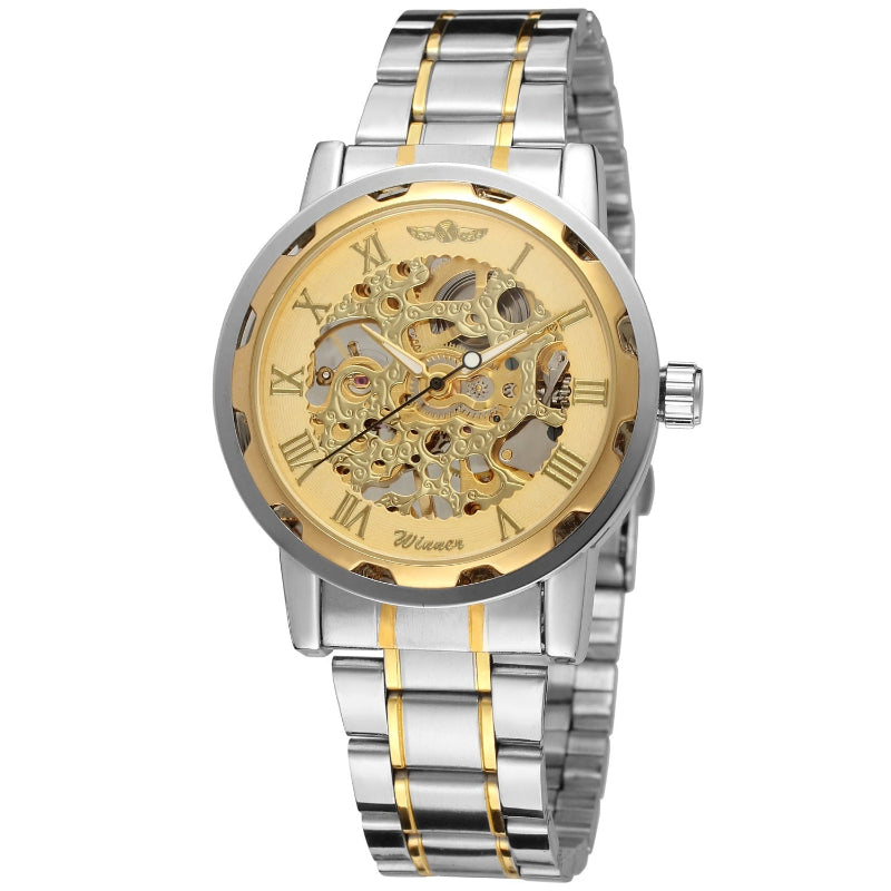 Mechanical skeleton watch with gold dial, Roman numerals, and exposed gears