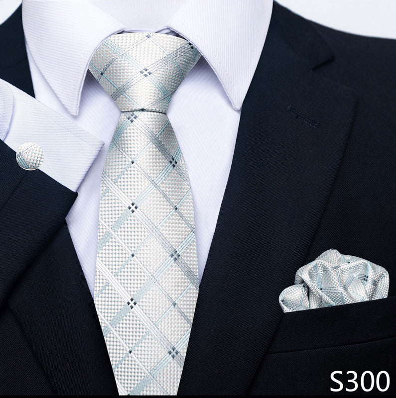 Men's formal tie and pocket square set, light blue checkered grid pattern