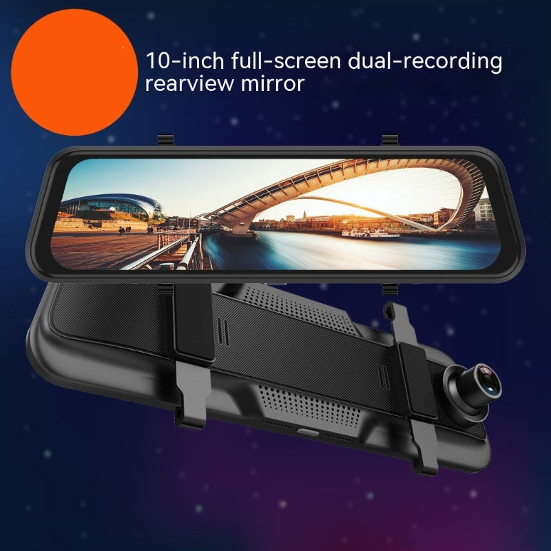 Black rearview mirror dash cam with 10-inch screen display and dual recording view
