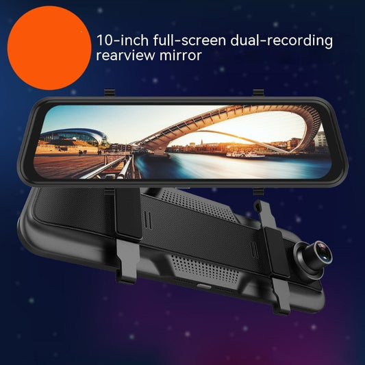 10-inch full-screen dual-recording rearview mirror with a scenic display on a dark background