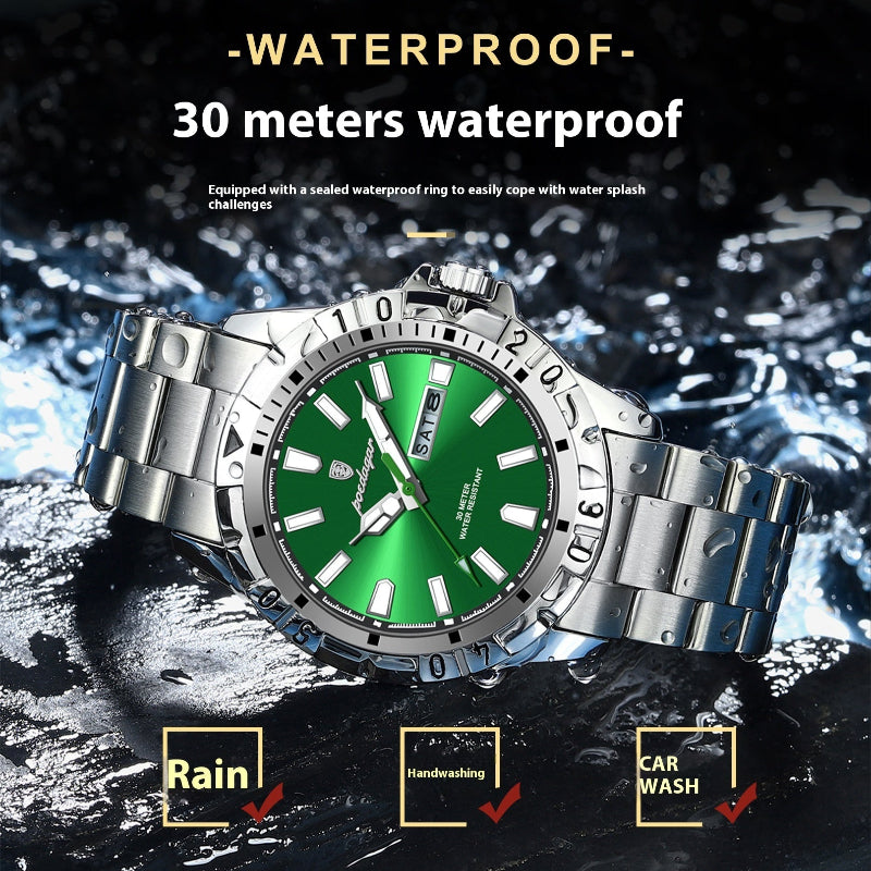 Silver watch with green face on a water-themed background, emphasizing waterproof feature.