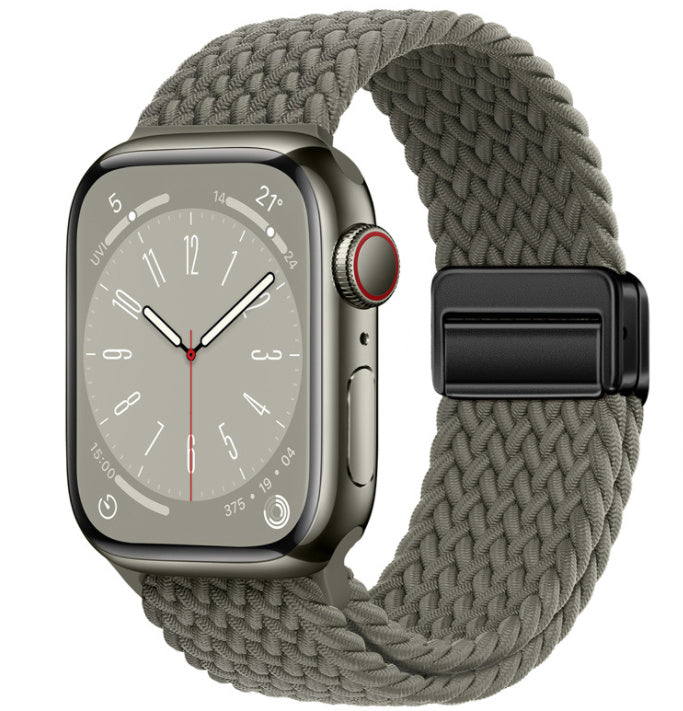 Smartwatch with a braided gray strap on a white background