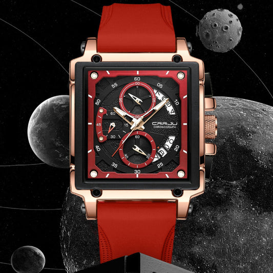 Luxury watch with red strap and detailed face against a space-themed background