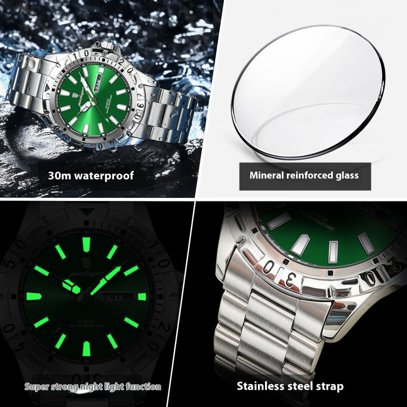 Collage of a green watch with metallic strap, water resistance, mineral glass, night light function, and stainless steel strap features.