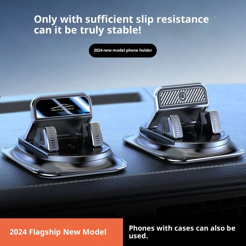 Rotating dashboard phone holder with two adjustable spring arms and wide non-slip base