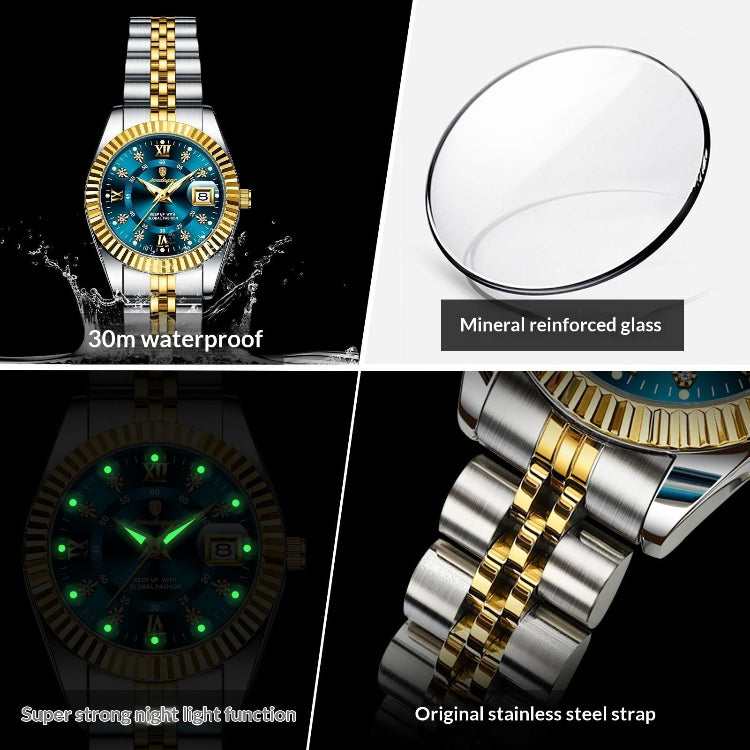Quartz watch with blue dial and gold-and-silver stainless steel bracelet