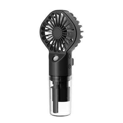 Portable 4-speed handheld fan in black with clear base cup and front circular grill