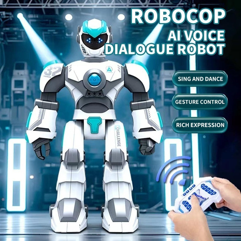 Intelligent voice dialogue robot toy in white and gray with teal glowing face, plus remote control card