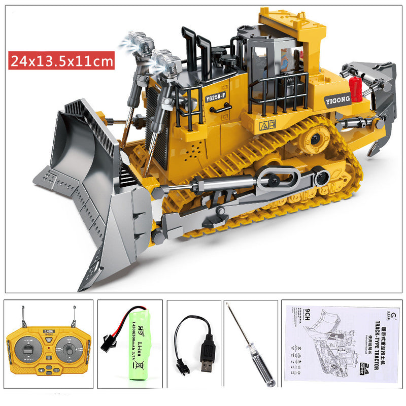 Yellow RC construction excavator toy with extended boom, front bucket, and track base
