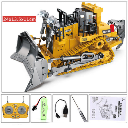 Yellow RC construction excavator toy with extended boom, front bucket, and track base