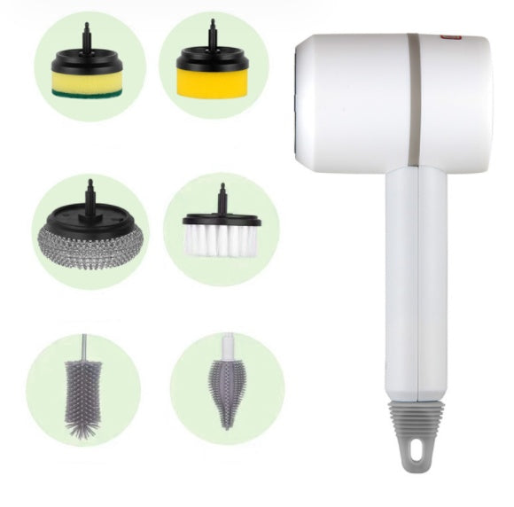 Electric cleaning brush with white handle and six replaceable scouring pads