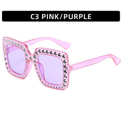 Women's square rhinestone sunglasses, pink frame with lavender tinted lenses