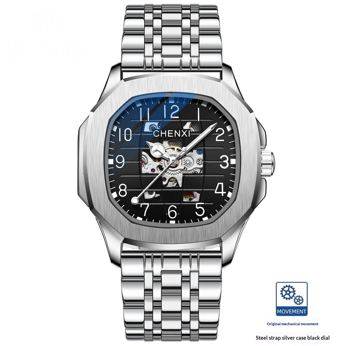 Square mechanical men's watch, silver bracelet, black dial with blue accents and skeleton hands