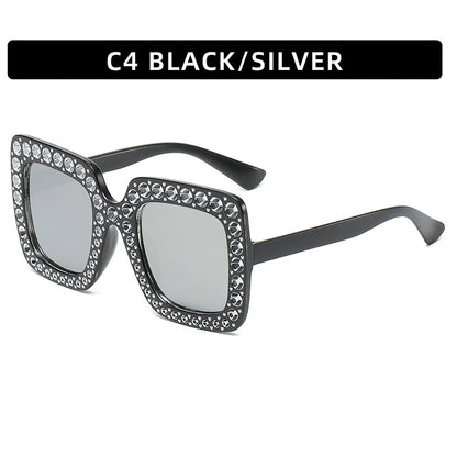 Women's square rhinestone sunglasses, black/silver frame with clear grey lenses