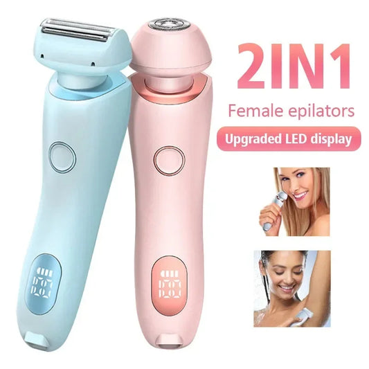 2-in-1 women’s epilator and trimmer set with dual heads, light blue and pink