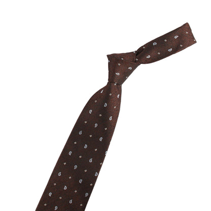 Brown patterned tie with a gold violin-shaped tie bar on a white background