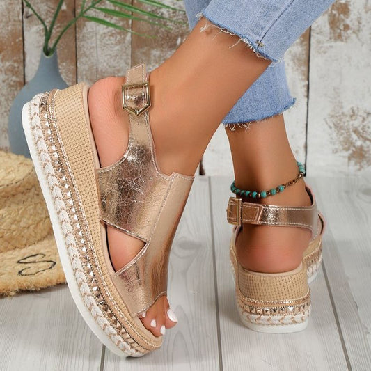 Women's Gold espadrille sandals worn with denim jeans.  YAXSO STORE UAE